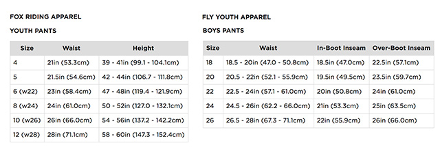 Fox Riding Gear Youth Size Chart