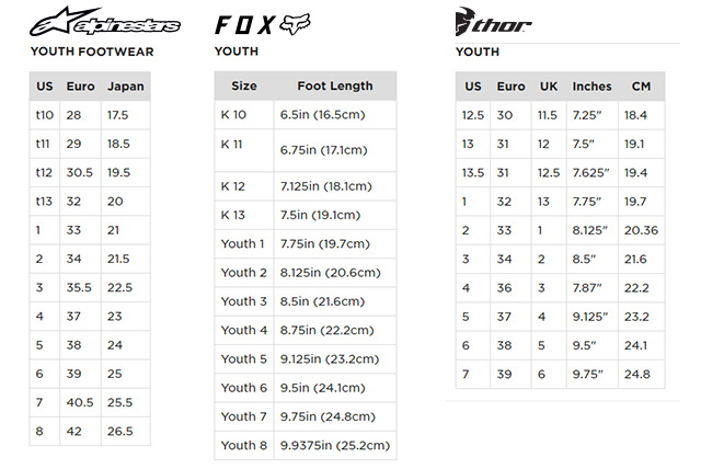youth boot size chart