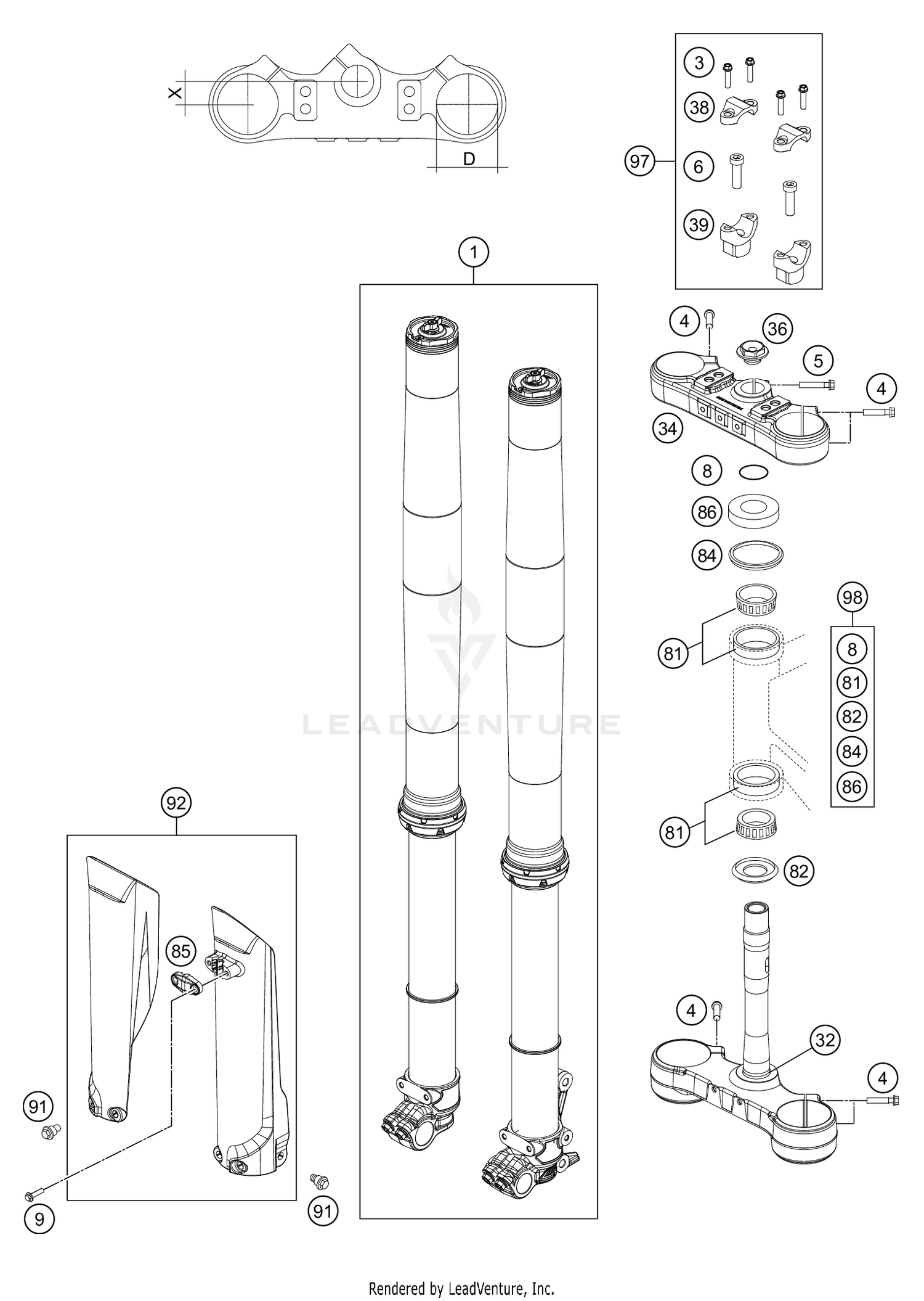 FRONT FORK, TRIPLE CLAMP