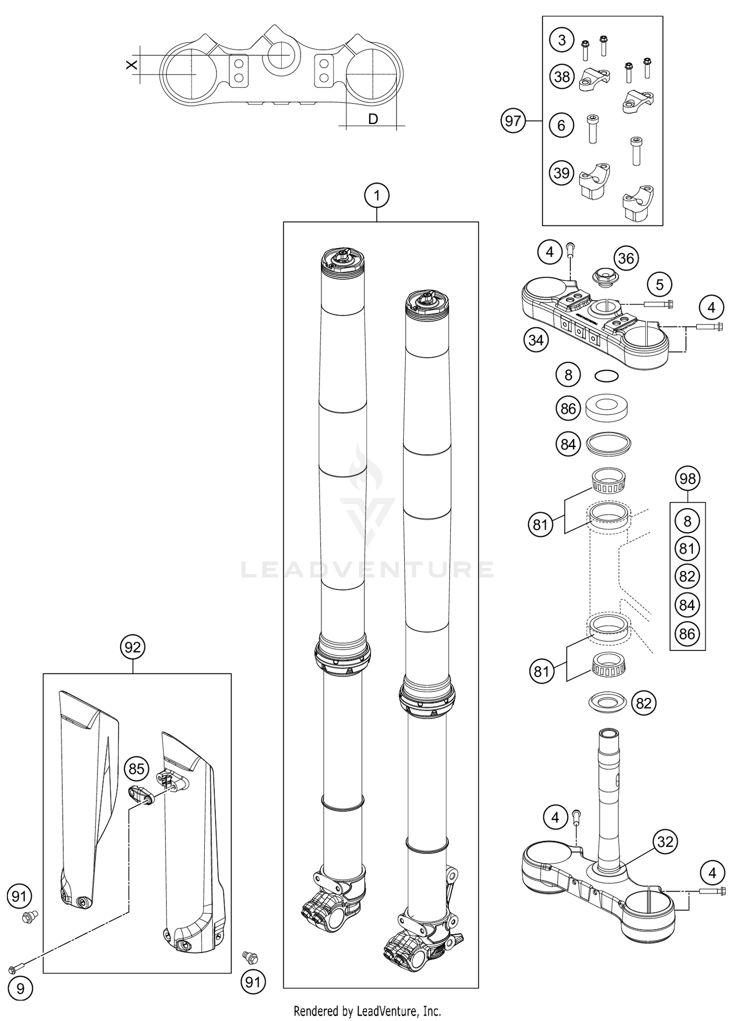FRONT FORK, TRIPLE CLAMP