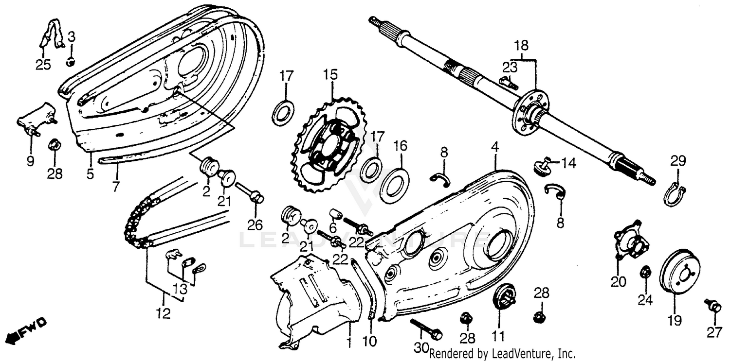 REAR WHEEL AXLE + CHAIN GUARD