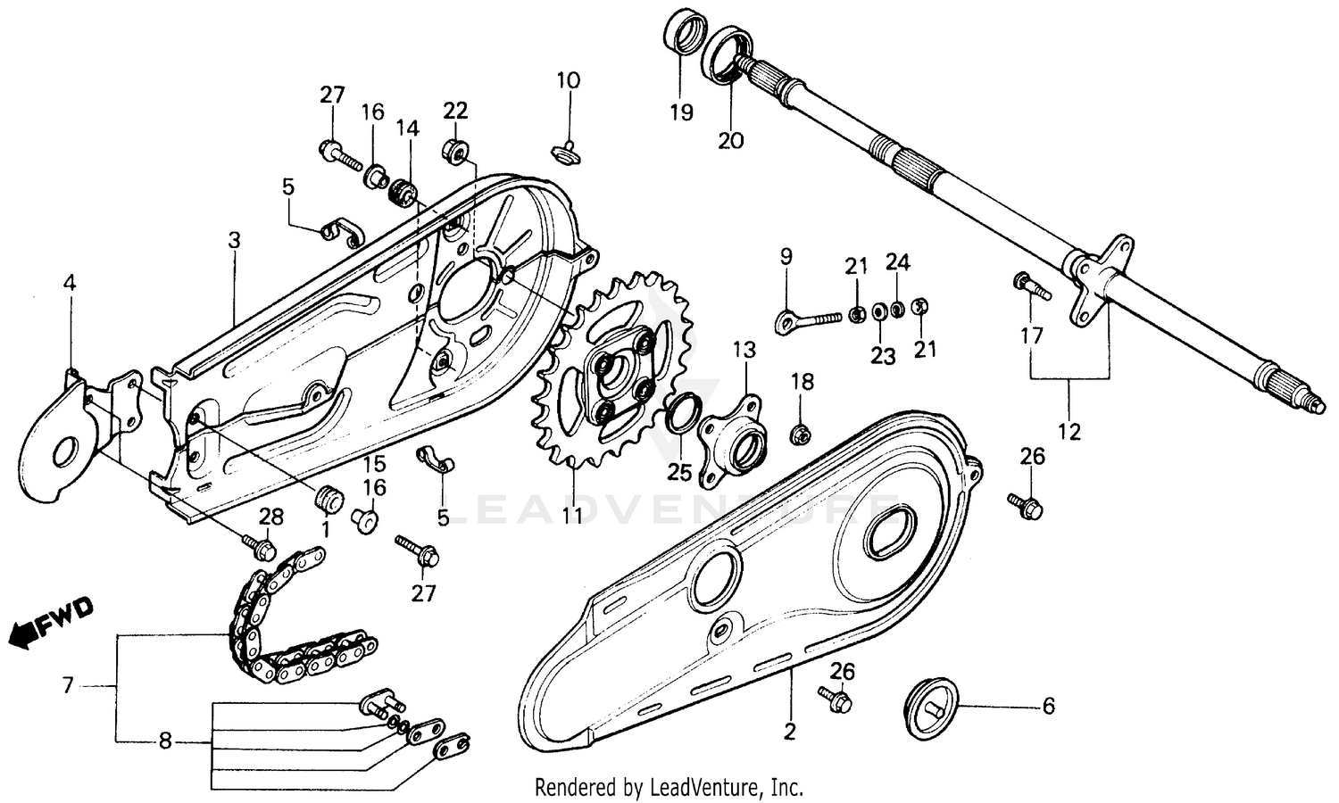 REAR WHEEL AXLE + CHAIN CASE