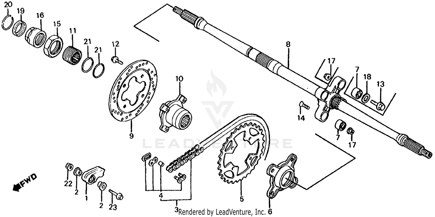 REAR WHEEL AXLE + DRIVE CHAIN