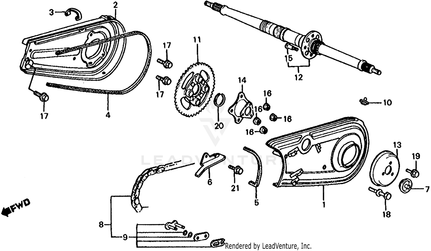 REAR WHEEL AXLE + CHAIN CASE