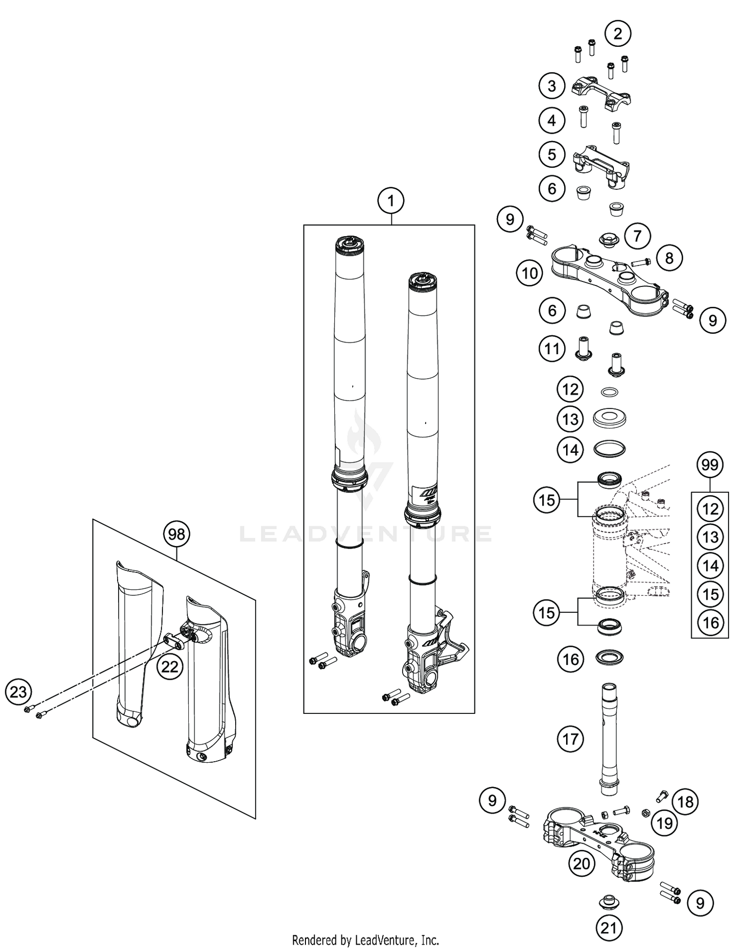 FRONT FORK, TRIPLE CLAMP