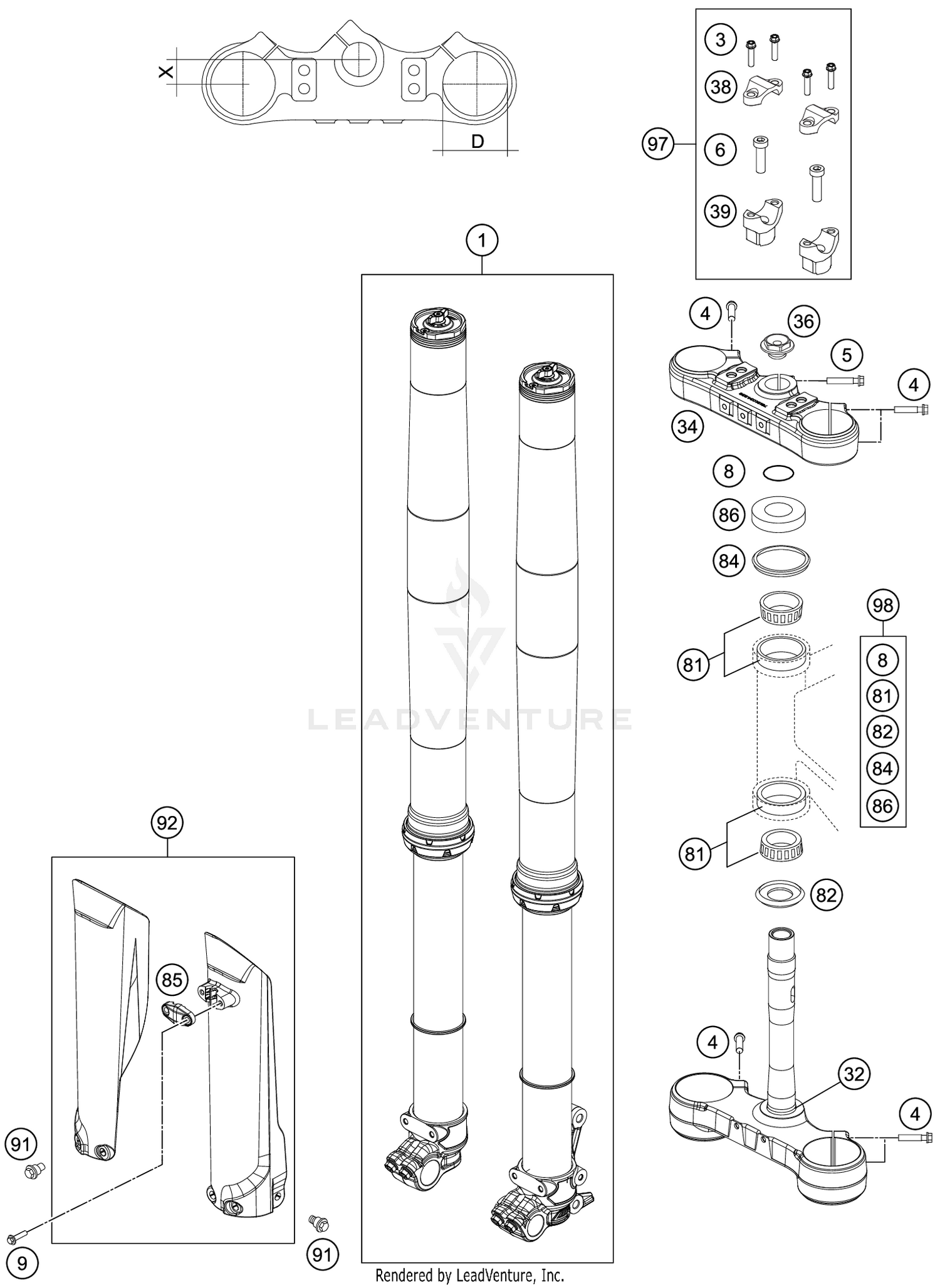 FRONT FORK, TRIPLE CLAMP