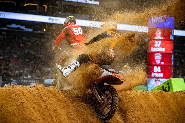 Cooper Webb getting blasted by sand at Atlanta Supercross